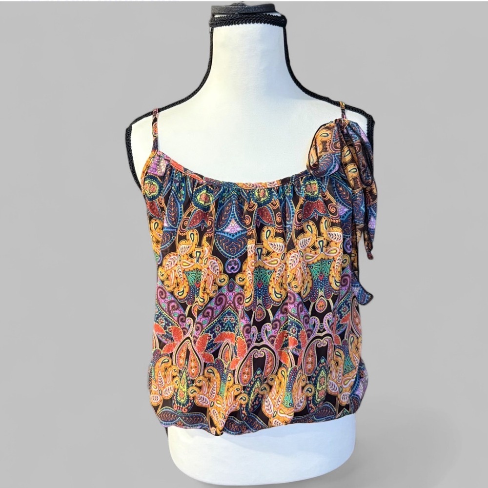 Belle du Jour Paisley Print Tie Shoulder‎ Boho Tank Top Medium Made in USA